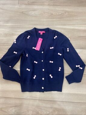 Lilly Pulitzer Navy Cardigan with Pink Bow Accents
